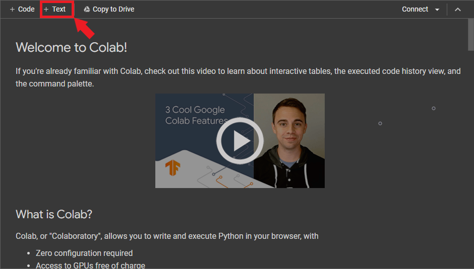 https://christianjmills.com/posts/google-colab-getting-started-tutorial/images/google-colab-welcome-notebook-add-text-cell.png