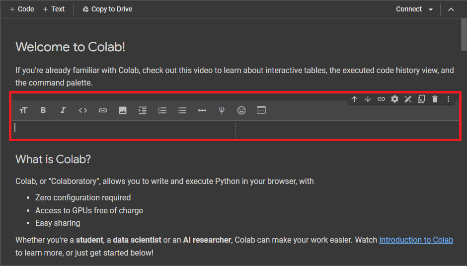 https://christianjmills.com/posts/google-colab-getting-started-tutorial/images/google-colab-welcome-notebook-new-text-cell.png